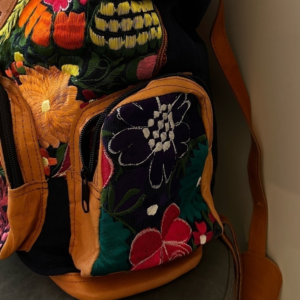 Suede Backpack | Embroidered Flowers | Mexican | Multicolored - Picture 4 of 6